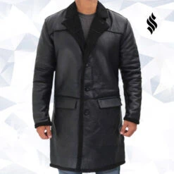 Shearling Leather Rockville Mens Black Winter Shearling Leather Trench Coat