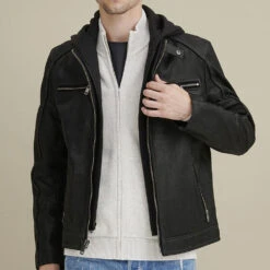 Biker Leather Jacket Vintage Hooded Leather Jacket