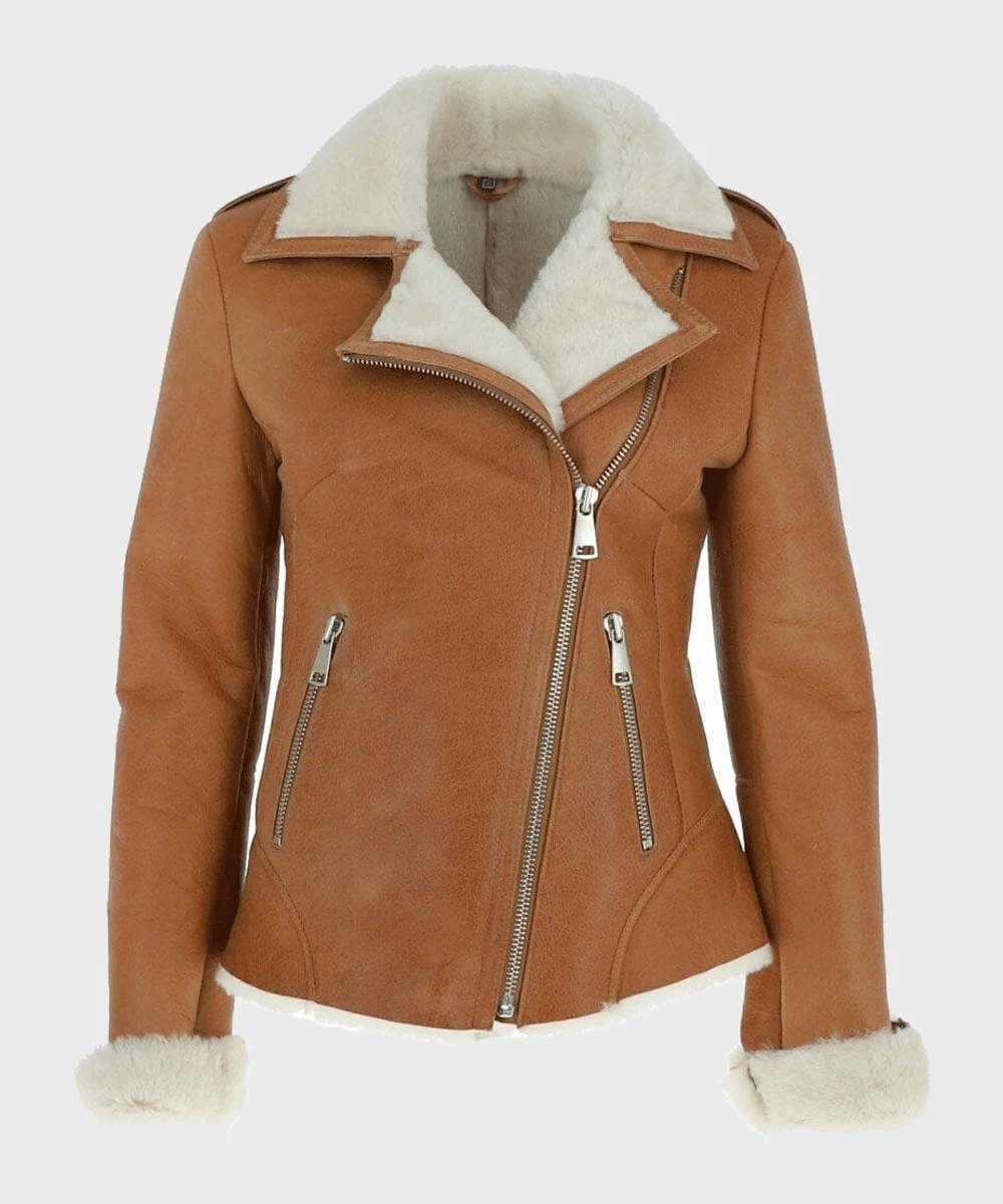 Custom Made Womens Tan Brown Shearling Leather Jacket 3 Custom Made Womens Tan Brown Shearling Leather Jacket