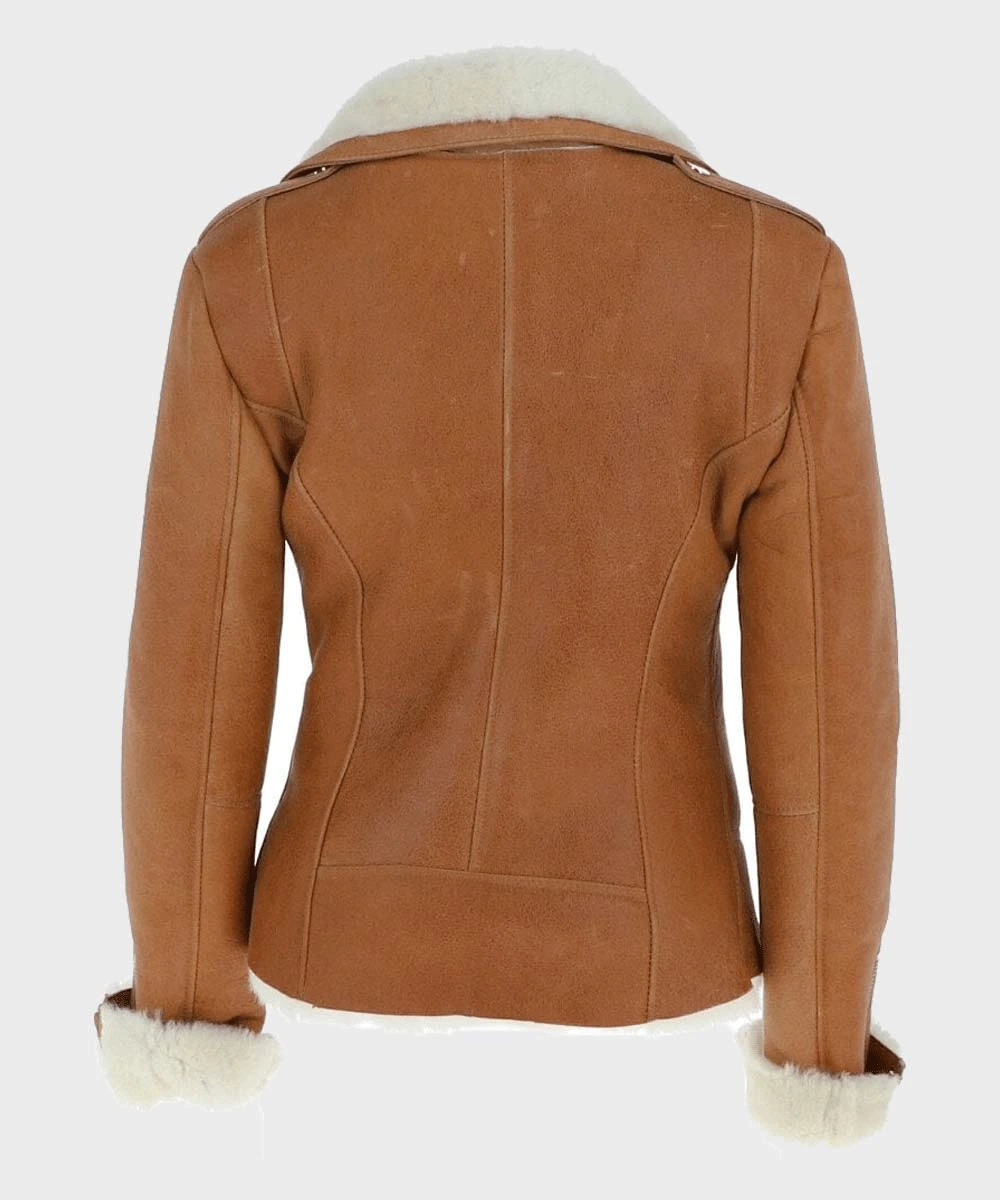 Custom Made Womens Tan Brown Shearling Leather Jacket 4 Custom Made Womens Tan Brown Shearling Leather Jacket - Image 2