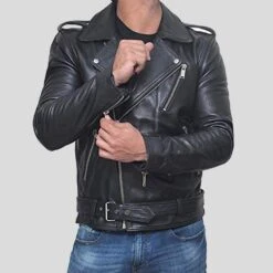 Shearling Leather Alec Black Biker Leather Jacket -Milani Jackets Shop biker leather jacket black alec 3