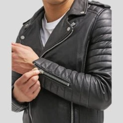 Shearling Leather Cain Black Slim Fit Biker Leather Jacket