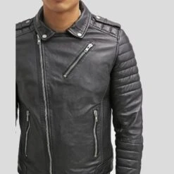 Shearling Leather Cain Black Slim Fit Biker Leather Jacket -Milani Jackets Shop biker leather jacket cain black 3