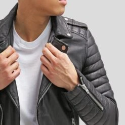 Shearling Leather Cain Black Slim Fit Biker Leather Jacket -Milani Jackets Shop biker leather jacket cain black 4