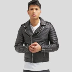 Shearling Leather Cain Black Slim Fit Biker Leather Jacket -Milani Jackets Shop biker leather jacket cain black 6
