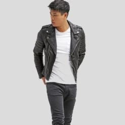 Shearling Leather Cain Black Slim Fit Biker Leather Jacket -Milani Jackets Shop biker leather jacket cain black 7