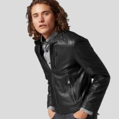 Shearling Leather Jake Black Slim Fit Biker Leather Jacket -Milani Jackets Shop biker leather jacket jake black 3