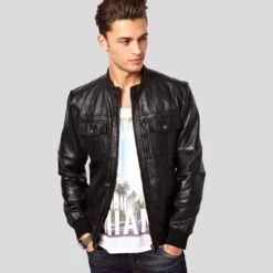 Shearling Leather Reggie Black Bomber Leather Jacket