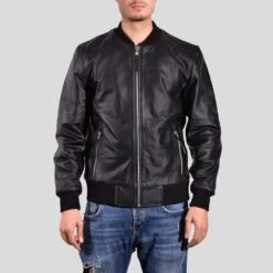 Shearling Leather Bran Black Bomber Leather Jacket