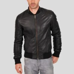 Shearling Leather Jero Black Bomber Lambskin Leather Jacket