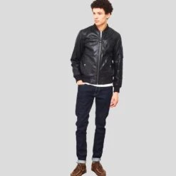 Shearling Leather Leon Black Bomber Genuine Leather Jacket -Milani Jackets Shop black bomber leather jacket leon mens 4