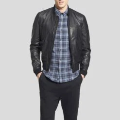 Shearling Leather Lymo Black Bomber Leather Jacket -Milani Jackets Shop black bomber leather jacket lymo men 3