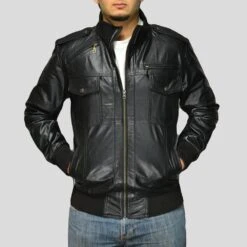 Shearling Leather Sang Black Bomber Leather Jacket