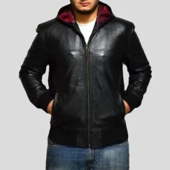 Shearling Leather Shane Black Bomber Leather Jacket Hooded