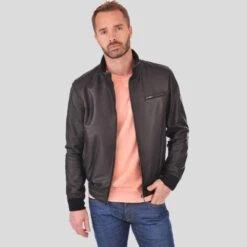 Shearling Leather Flynn Black Bomber Leather Jacket -Milani Jackets Shop bomber leather jacket flynn black 2