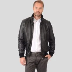 Shearling Leather Kian Black Bomber Leather Jacket