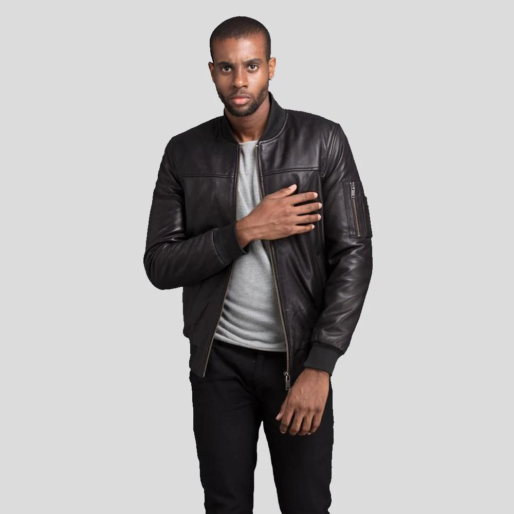 Shearling Leather Kyros Black Bomber Genuine Leather Jacket 4 Shearling Leather Kyros Black Bomber Genuine Leather Jacket - Image 2