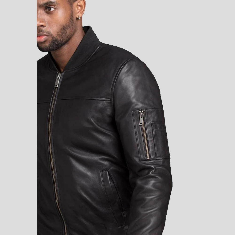 Shearling Leather Kyros Black Bomber Genuine Leather Jacket 5 Shearling Leather Kyros Black Bomber Genuine Leather Jacket - Image 3