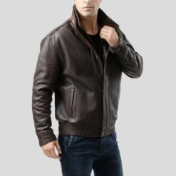 Shearling Leather Chek Brown Bomber Leather Jacket -Milani Jackets Shop brown bomber leather jacket chek mens 2
