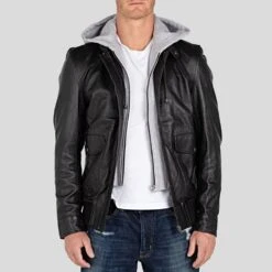 Shearling Leather Marc Black Removable Hooded Leather Jacket
