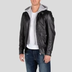 Shearling Leather Marc Black Removable Hooded Leather Jacket -Milani Jackets Shop hooded leather jacket marc black 3