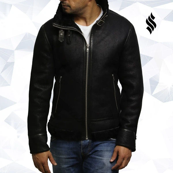 Shearling Leather Men's Aviator Black B3 World War2 Real Shearling Sheepskin Flying Jacket 5 Shearling Leather Men's Aviator Black B3 World War2 Real Shearling Sheepskin Flying Jacket - Image 3