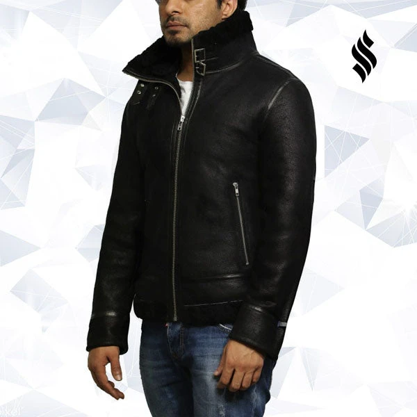 Shearling Leather Men's Aviator Black B3 World War2 Real Shearling Sheepskin Flying Jacket 6 Shearling Leather Men's Aviator Black B3 World War2 Real Shearling Sheepskin Flying Jacket - Image 4