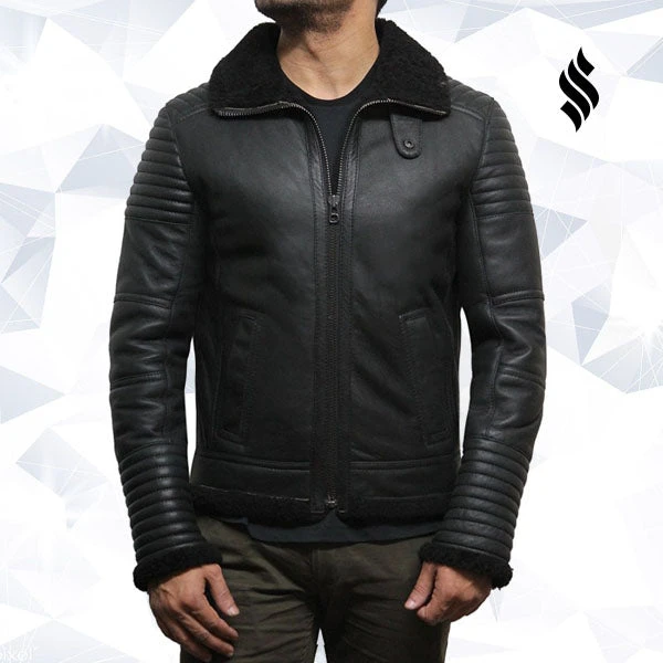 Shearling Leather Men's Black Sheepskin Flying Jacket 4 Shearling Leather Men's Black Sheepskin Flying Jacket - Image 2