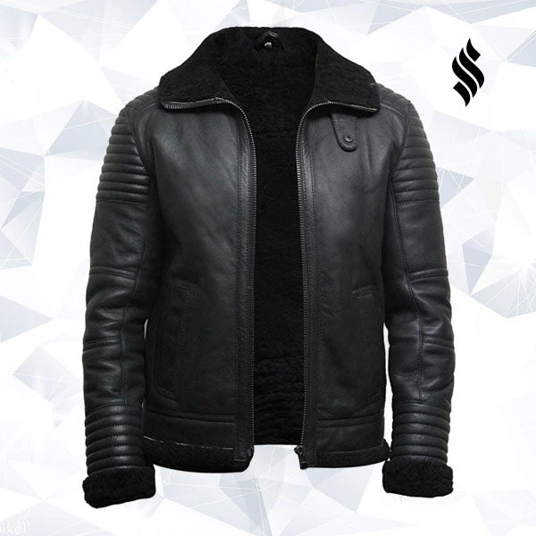 Shearling Leather Men's Black Sheepskin Flying Jacket 5 Shearling Leather Men's Black Sheepskin Flying Jacket - Image 3