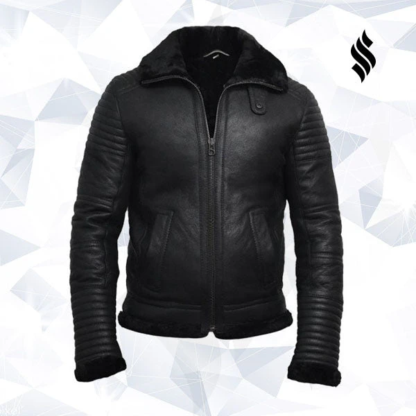 Shearling Leather Men's Black Sheepskin Flying Jacket 7 Shearling Leather Men's Black Sheepskin Flying Jacket - Image 5