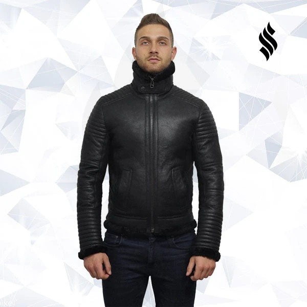 Shearling Leather Men's Black Sheepskin Flying Jacket 8 Shearling Leather Men's Black Sheepskin Flying Jacket - Image 6