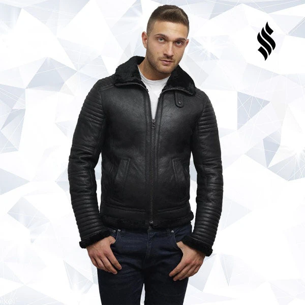 Shearling Leather Men's Black Sheepskin Flying Jacket 9 Shearling Leather Men's Black Sheepskin Flying Jacket - Image 7