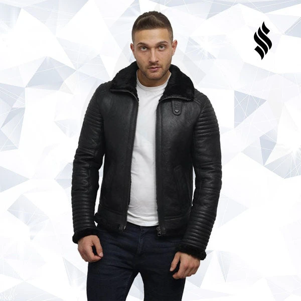 Shearling Leather Men's Black Sheepskin Flying Jacket 10 Shearling Leather Men's Black Sheepskin Flying Jacket - Image 8
