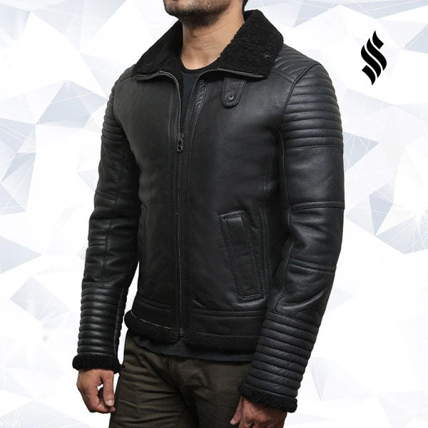 Shearling Leather Men's Black Sheepskin Flying Jacket 3 Shearling Leather Men's Black Sheepskin Flying Jacket