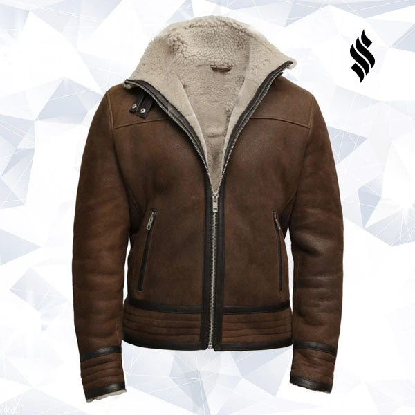 Shearling Leather Men's Brown Genuine Shearling Sheepskin Leather Jacket Vintage 3 Shearling Leather Men's Brown Genuine Shearling Sheepskin Leather Jacket Vintage - Image 2