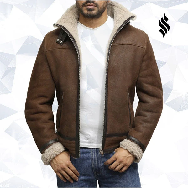 Shearling Leather Men's Brown Genuine Shearling Sheepskin Leather Jacket Vintage 5 Shearling Leather Men's Brown Genuine Shearling Sheepskin Leather Jacket Vintage - Image 4