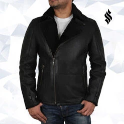 Shearling Leather Men's Luxury Aviator Black Leather Shearling Sheepskin Flying Coat