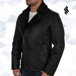 Shearling Leather Men's Luxury Aviator Black Leather Shearling Sheepskin Flying Coat -Milani Jackets Shop men s luxury aviator black leather shearling sheepskin flying coat 4