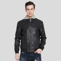 Shearling Leather Brice Black Hooded Leather Jacket