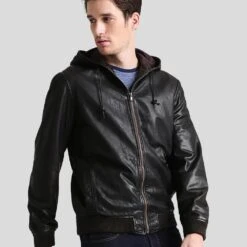Shearling Leather Chet Black Hooded Genuine Leather Jacket