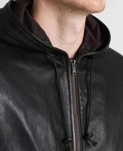 Shearling Leather Chet Black Hooded Genuine Leather Jacket -Milani Jackets Shop mens chet black hooded leather jacket 4