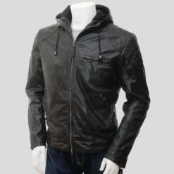 Shearling Leather Franc Black Hooded Leather Jacket