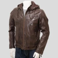 Shearling Leather George Brown Removable Hooded Leather Jacket