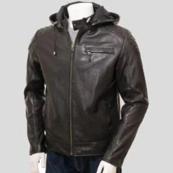 Shearling Leather Jami Black Hooded Leather Jacket