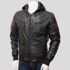 Shearling Leather Jed Black Leather Jacket With Hood