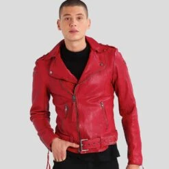 Shearling Leather Buel Red Motorcycle Leather Jacket