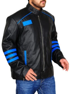 Custom Made Black & Blue Biker Leather Jacket -Milani Jackets Shop pitch black leather jacket
