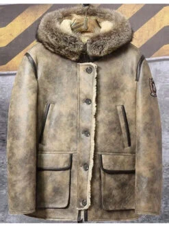 Custom Made Mens Hooded Shearling Collar Leather Bomber Jacket