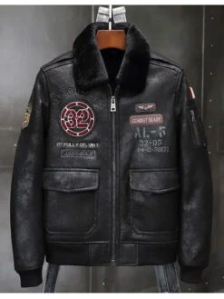 Shearling Leather Jacket Mens Airforce Flight Coat Embroidered Jacket