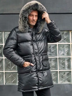 Custom Made Leather Down Jacket With Fox Fur Collar Long Winter Coat Hooded Warm Overcoat